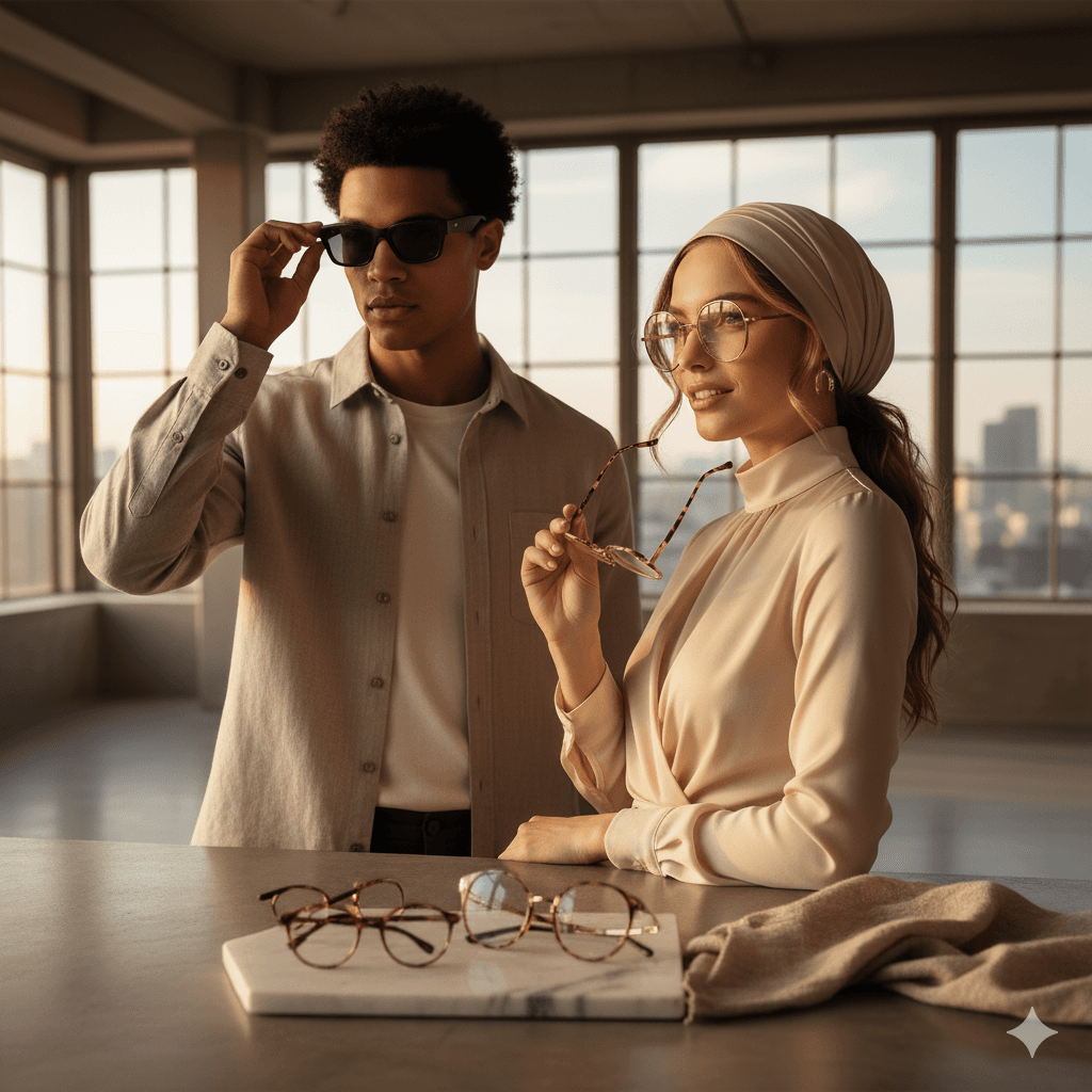 Stylish couple trying on modern eyewear in a luxurious setting